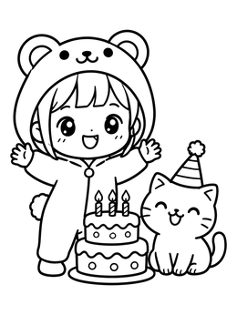 A chibi girl in a bear onesie celebrates with a cute kitten beside a birthday cake on this kawaii coloring page.