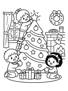 Happy kids decorate a tree in this kawaii christmas coloring page.