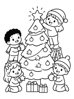 Free printable Children Decorating Christmas Tree Together coloring page