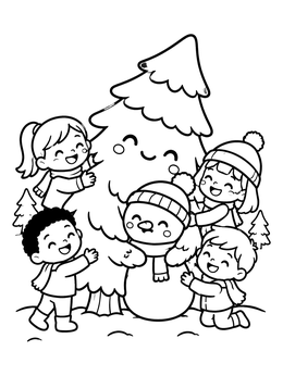 A sweet kawaii christmas coloring page of happy children hugging a friendly pine tree and a snowman.