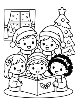 A kawaii christmas coloring page showing cheerful children gathered to sing holiday carols together.