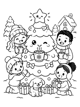 Free printable Cute Christmas Tree And Happy Children coloring page