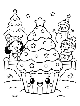 A kawaii christmas coloring page showing a smiling tree cupcake outdoors with happy kids.