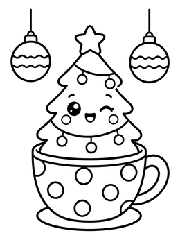 A kawaii christmas coloring page of a winking holiday tree sitting in a polka-dot teacup.