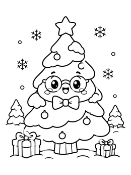 A kawaii christmas coloring page featuring a smiling tree wearing round spectacles and a bow tie.