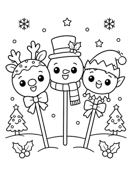 Trio of reindeer, snowman, and elf treats on this kawaii christmas coloring page.