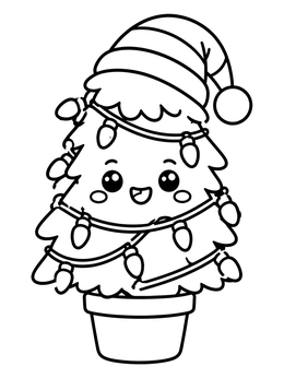 Free printable Cute Potted Christmas Tree With Hat coloring page