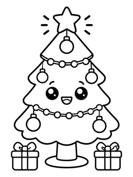 A kawaii christmas coloring page featuring a smiling decorated tree with gift boxes.