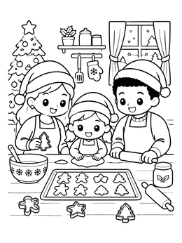 Free printable Family Baking Christmas Cookies Together coloring page