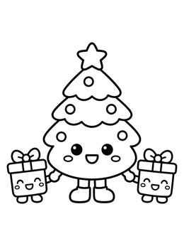 Free printable Happy Christmas Tree With Little Gifts coloring page