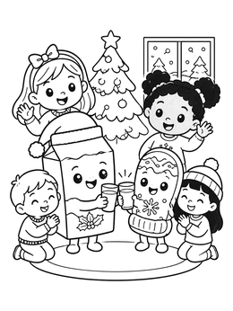 A kawaii christmas coloring page featuring happy kids with a smiling milk carton and cookie.