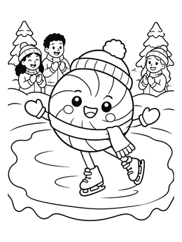 A cheerful candy character on ice skates in this kawaii christmas coloring page.