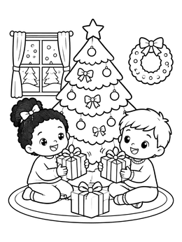Free printable Children Shaking Christmas Presents coloring page
