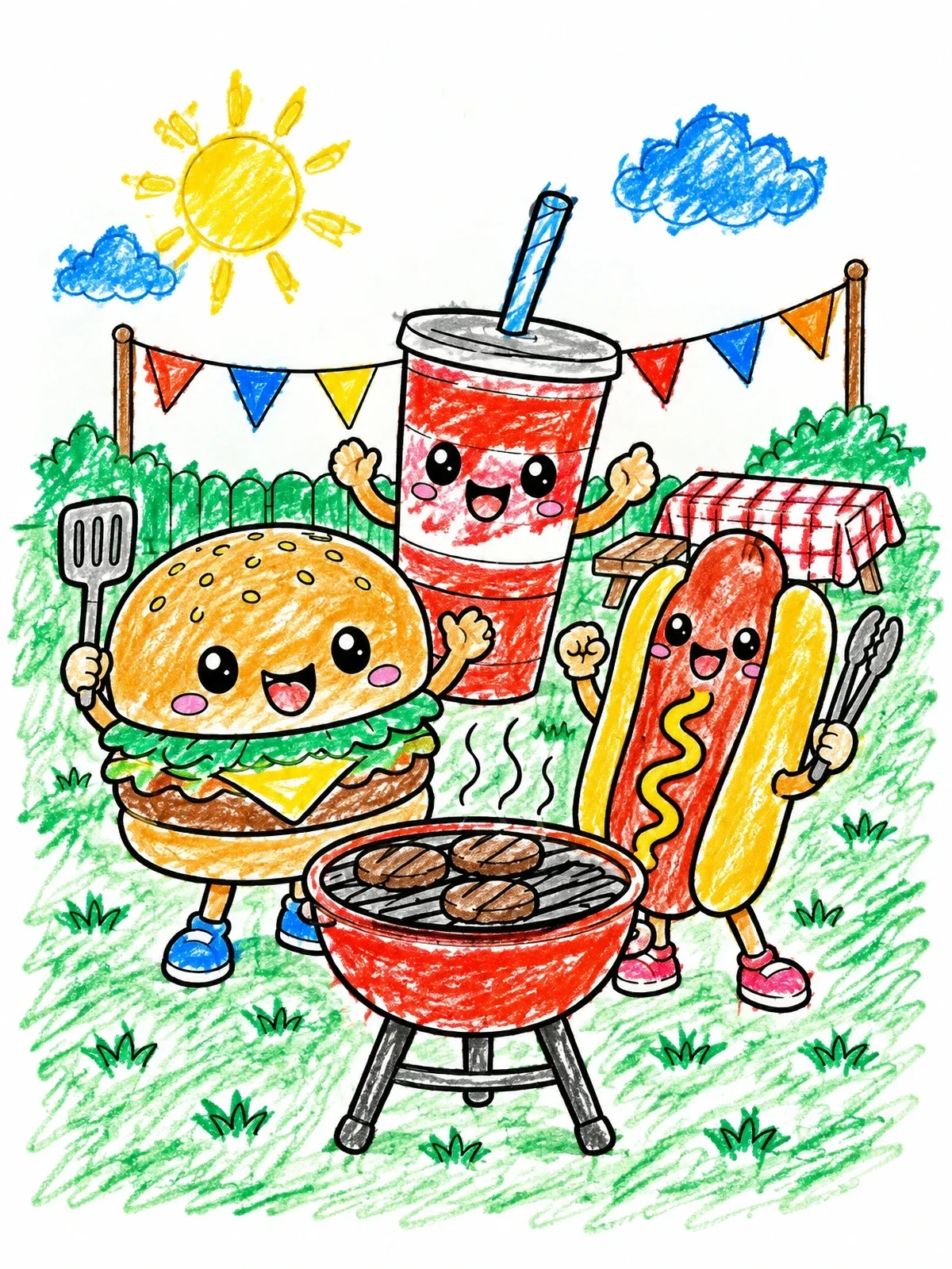 Colored example of the Kawaii Cookout Food Friends coloring page
