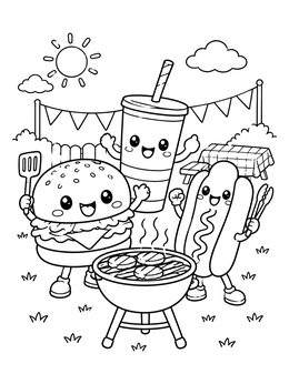 Free printable Kawaii Cookout Food Friends coloring page