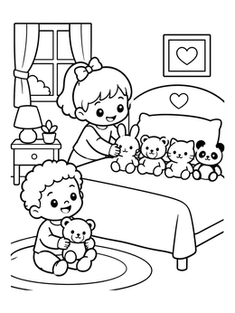 A kawaii coloring page showing children playing with plush animal toys on a cozy bed.