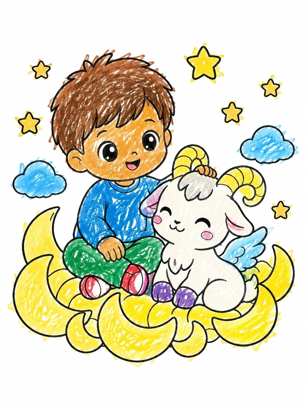 Colored example of the Boy With Winged Baby Goat coloring page