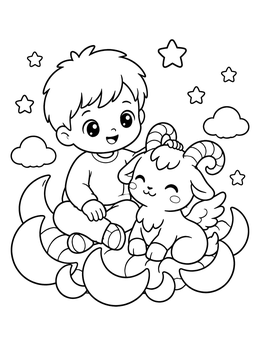 Free printable Boy With Winged Baby Goat coloring page