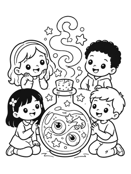 Free printable Children Around A Magic Eyeball Potion coloring page