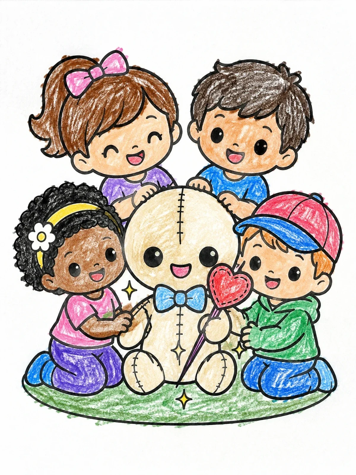 Colored example of the Children With Cute Stitched Doll coloring page