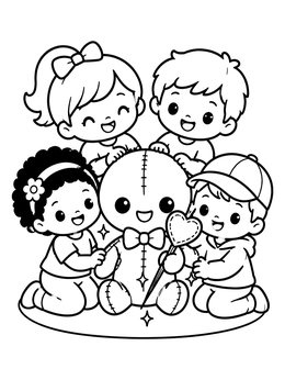 Free printable Children With Cute Stitched Doll coloring page