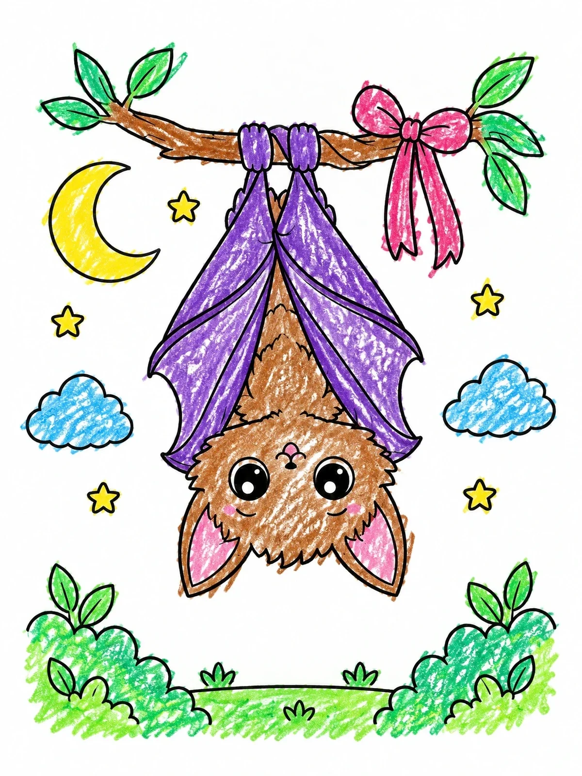 Colored example of the Cute Bat Hanging From Branch coloring page