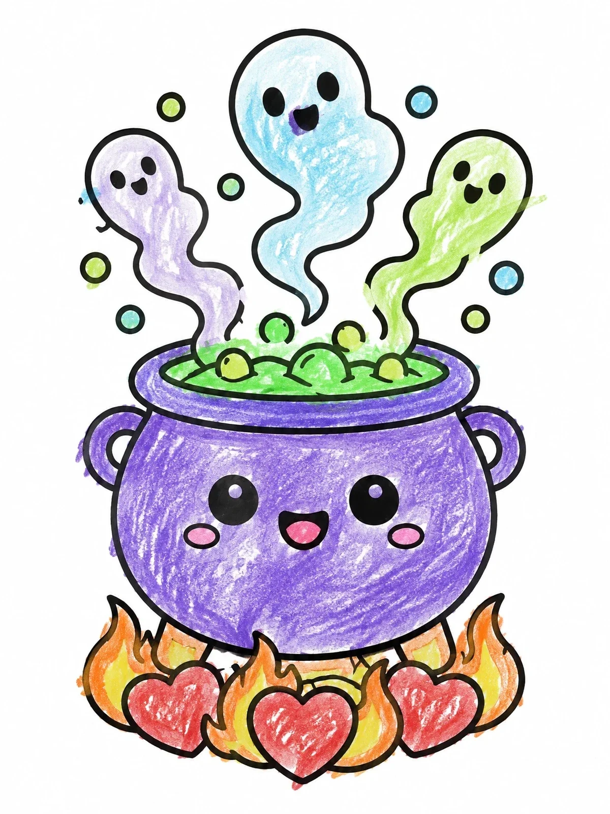 Colored example of the Cute Bubbling Cauldron With Ghost Puffs coloring page
