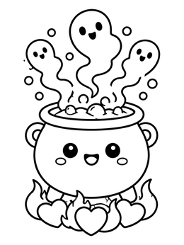 A kawaii creepy cute coloring page with a smiling bubbling cauldron and cute ghost vapors.