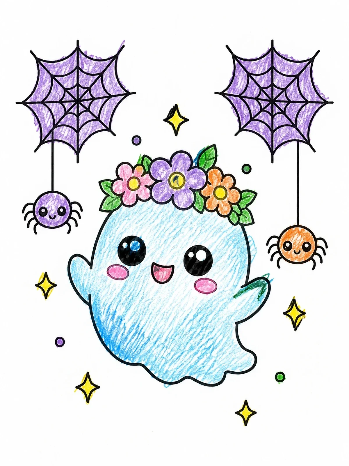 Colored example of the Cute Ghost With Flower Crown coloring page