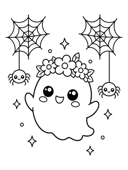 A kawaii creepy cute coloring page featuring a smiling ghost wearing flowers beside hanging spiders.