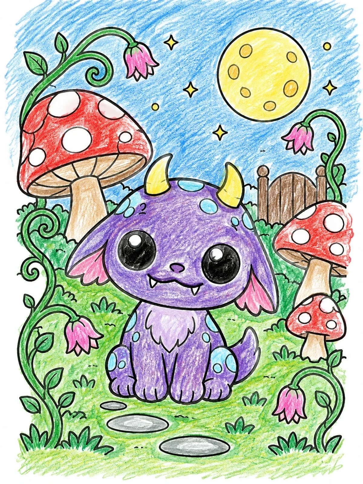 Colored example of the Cute Horned Creature In Mushroom Garden coloring page