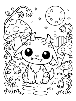 Free printable Cute Horned Creature In Mushroom Garden coloring page