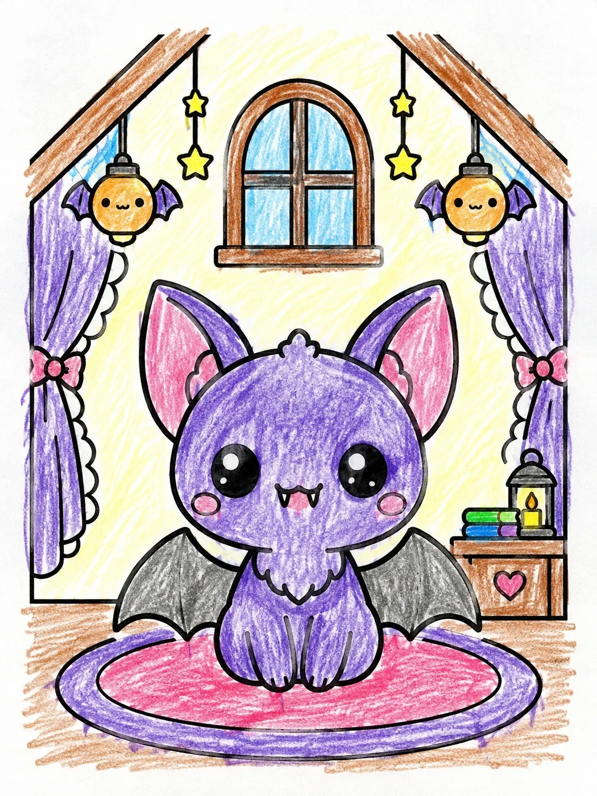 Colored example of the Cute Little Bat In Attic Bedroom coloring page