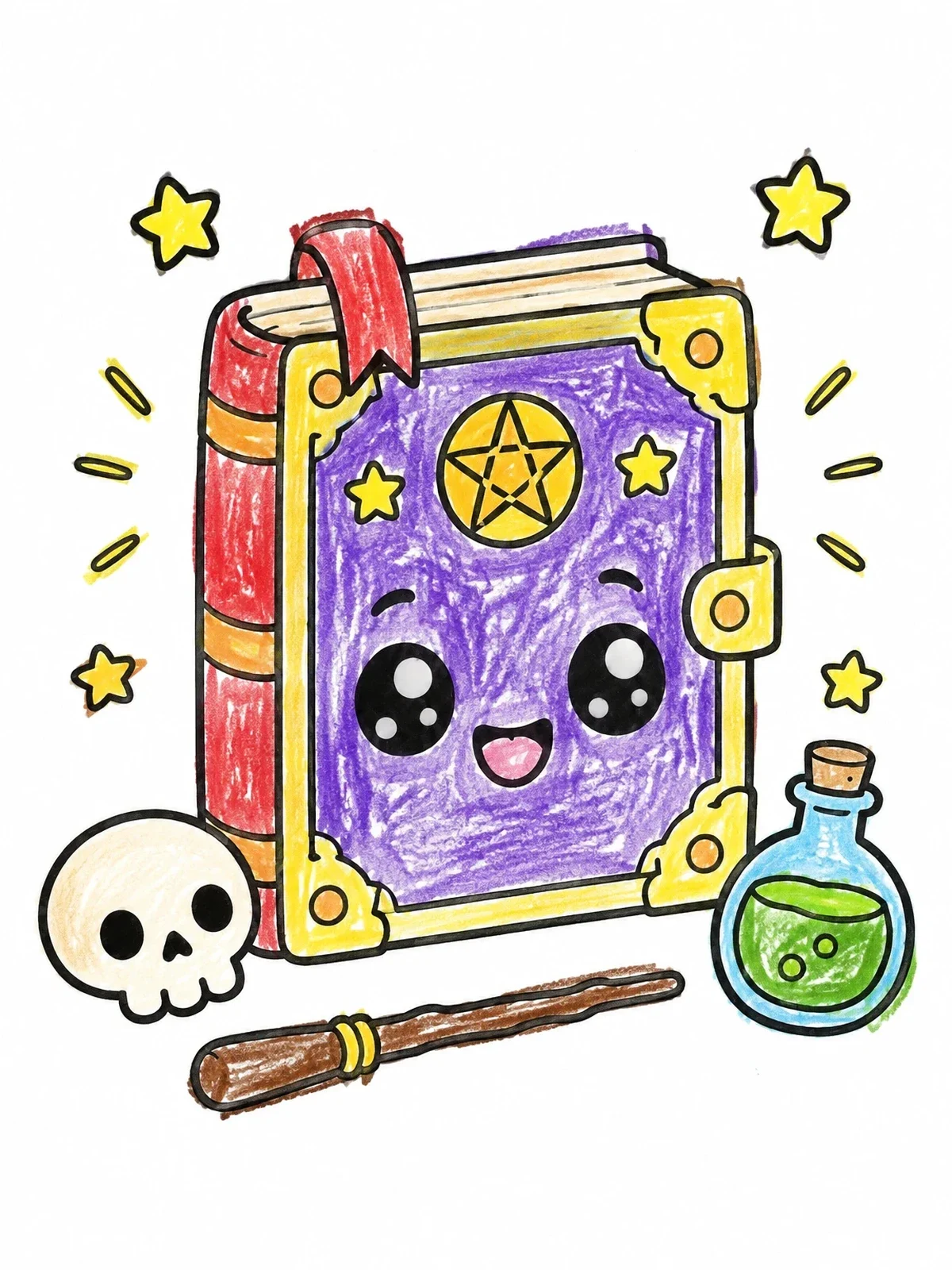 Colored example of the Cute Magic Spellbook With Potion coloring page