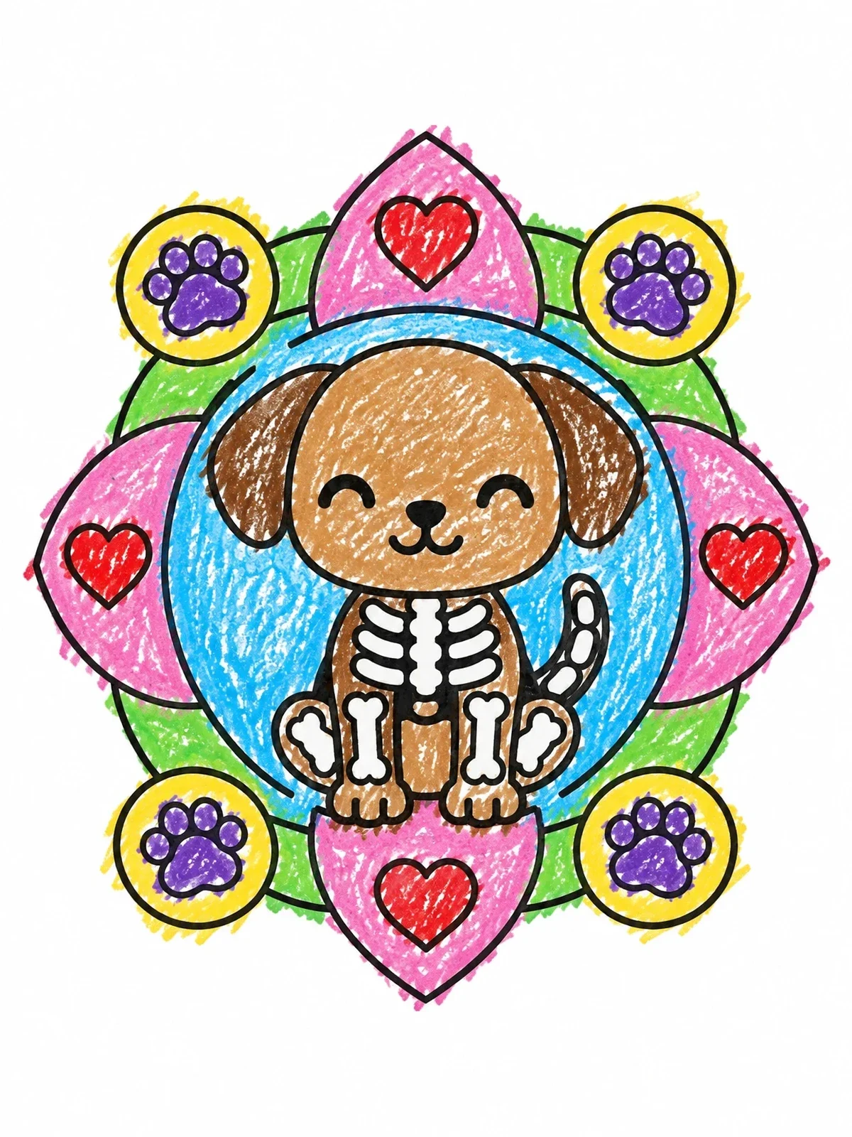 Colored example of the Cute Skeleton Puppy In Mandala Frame coloring page