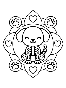 Free printable Cute Skeleton Puppy In Mandala Frame coloring page