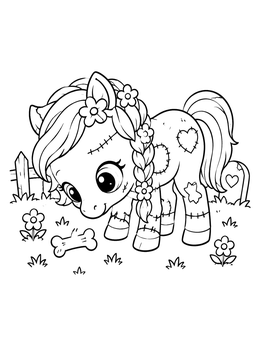 A kawaii creepy cute coloring page with a stitched pony looking at a bone in a meadow.