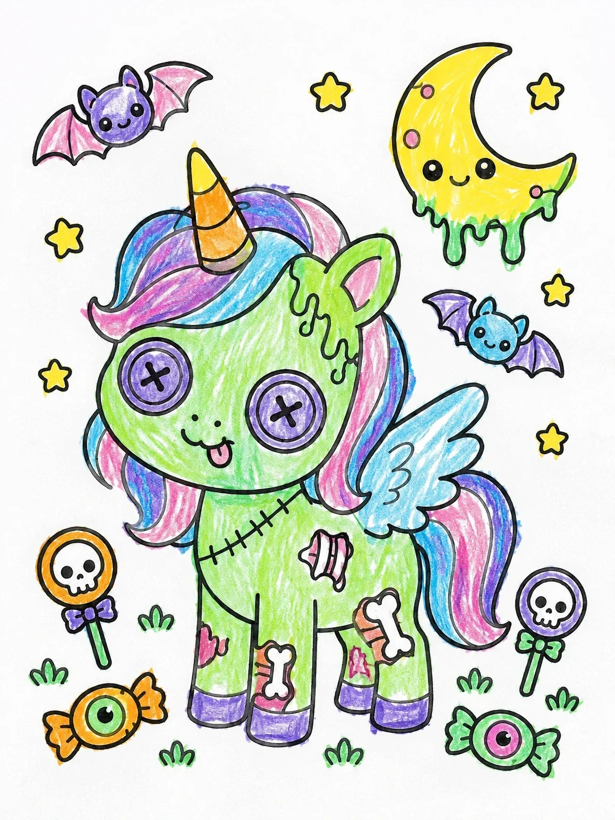 Colored example of the Cute Zombie Unicorn With Spooky Sweets coloring page
