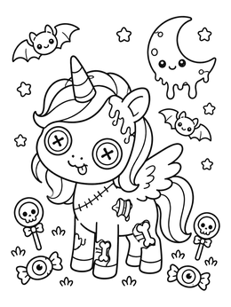 Free printable Cute Zombie Unicorn With Spooky Sweets coloring page