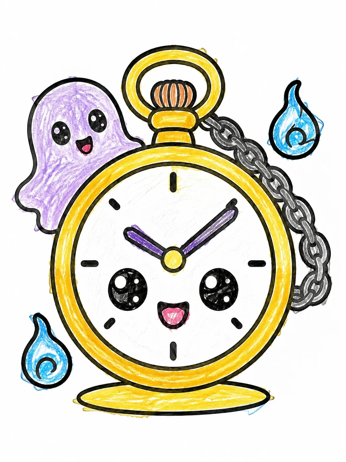 Colored example of the Cute Haunted Pocket Watch With Ghost coloring page