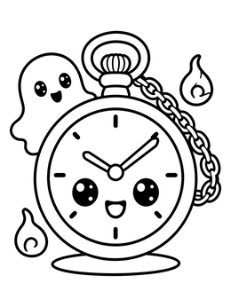 A kawaii creepy cute coloring page with a smiling pocket watch and a tiny ghost.