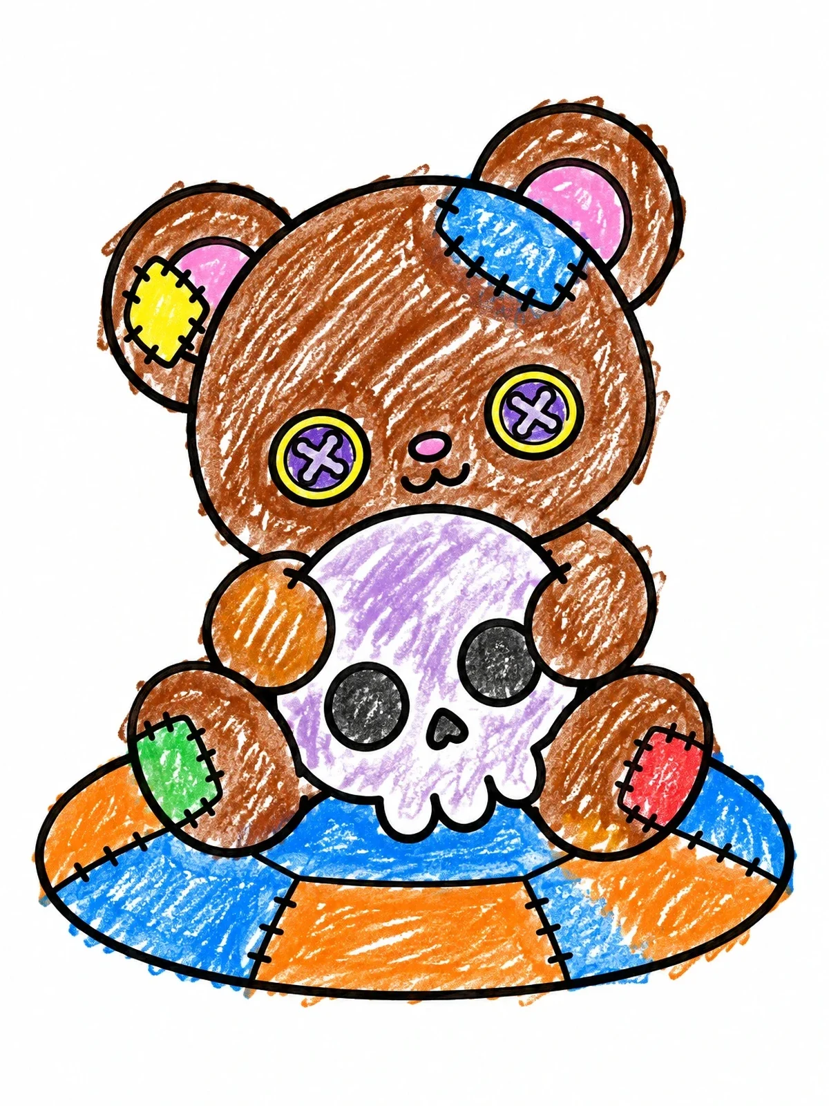 Colored example of the Patchwork Teddy Bear With Skull Cushion coloring page