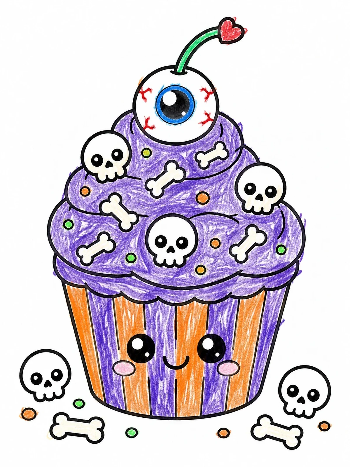 Colored example of the Spooky Eyeball Cupcake With Candy Skulls coloring page