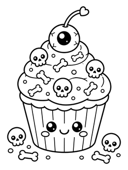 Free printable Spooky Eyeball Cupcake With Candy Skulls coloring page