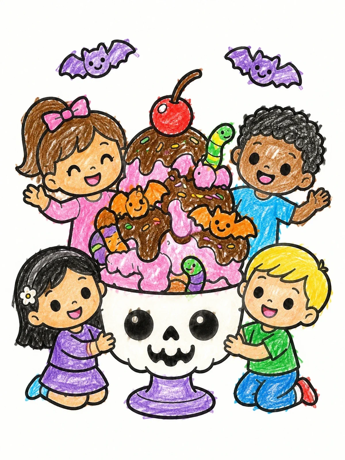 Colored example of the Spooky Sundae Party With Kids coloring page