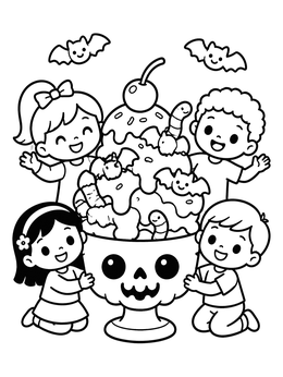 A kawaii creepy cute coloring page with happy kids around a skull ice cream sundae.