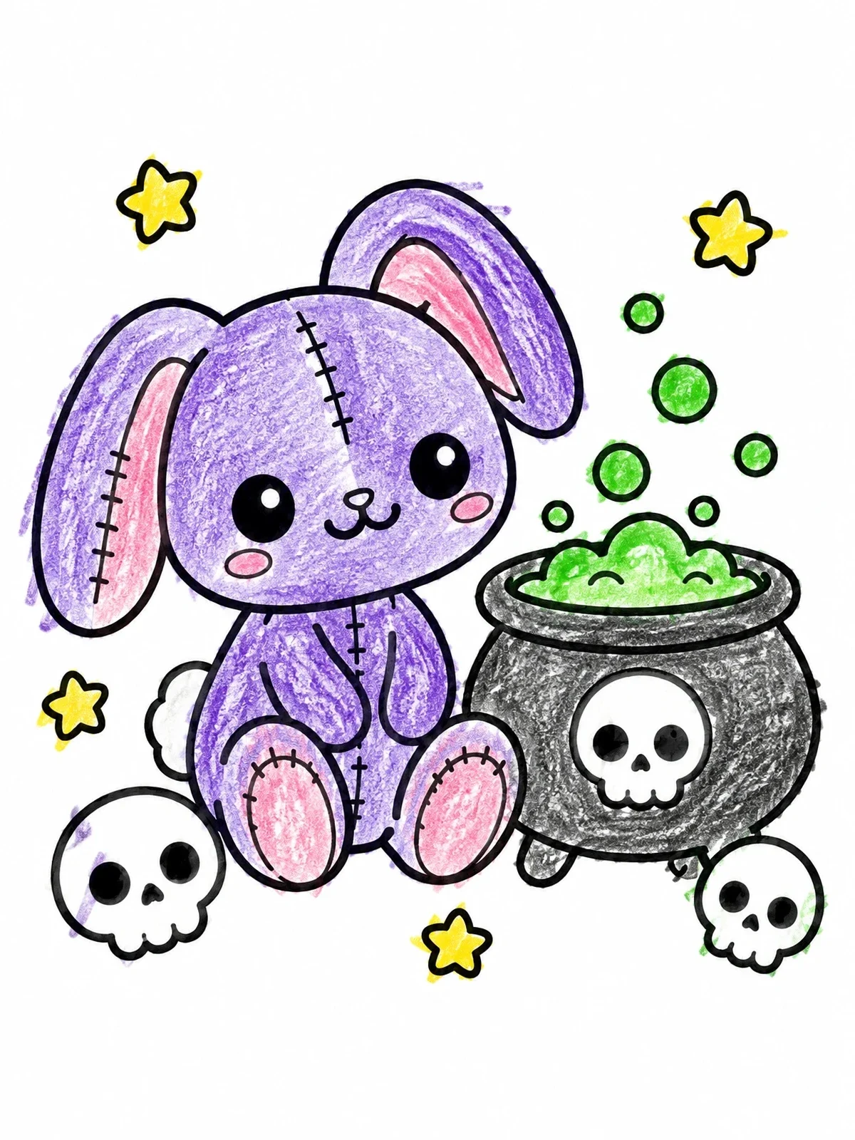 Colored example of the Stitched Bunny And Magic Cauldron coloring page