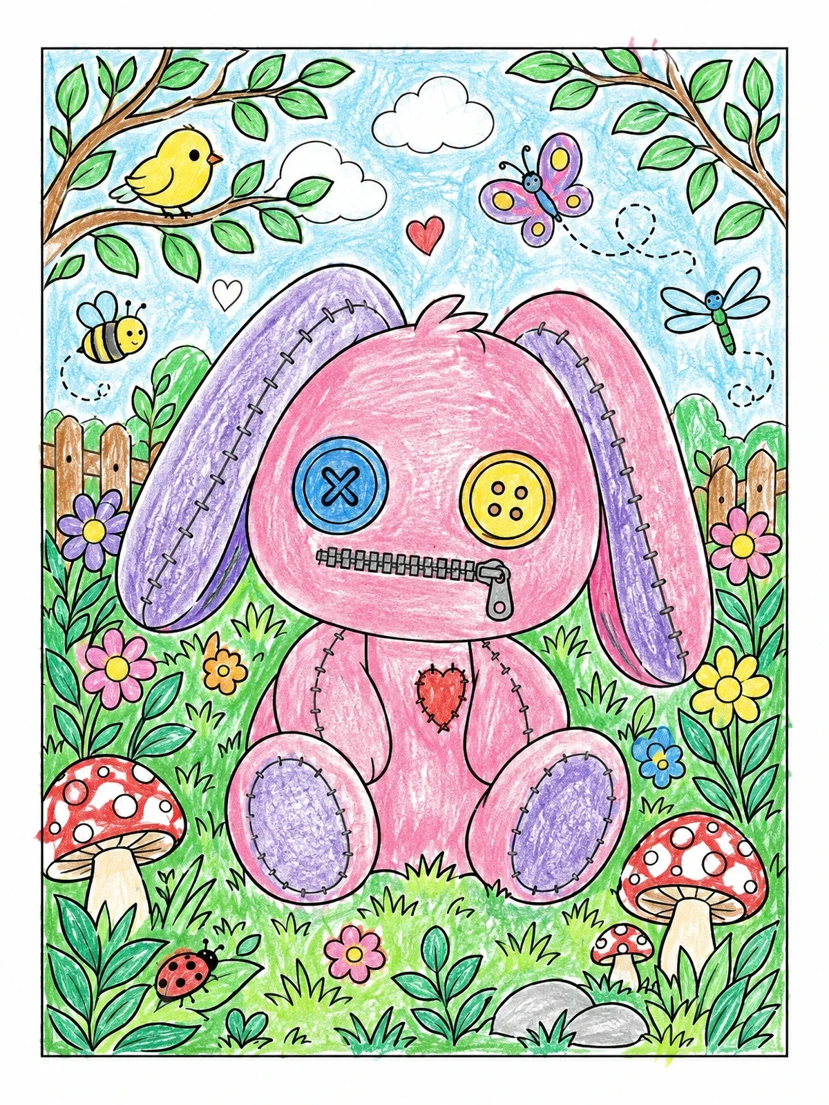 Colored example of the Stitched Plush Bunny In The Garden coloring page