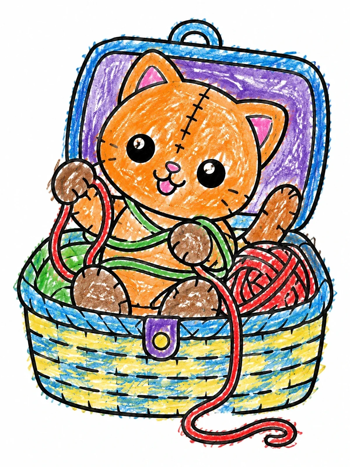 Colored example of the Stitched Ragdoll Kitten In Basket coloring page