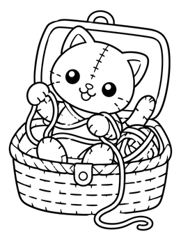 A stitched ragdoll kitten sits in a yarn basket on this kawaii creepy cute coloring page.